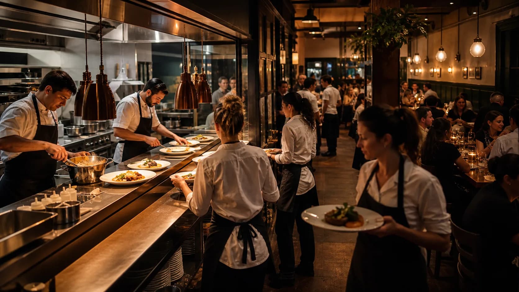 A coordinated restaurant team serving a busy dining room