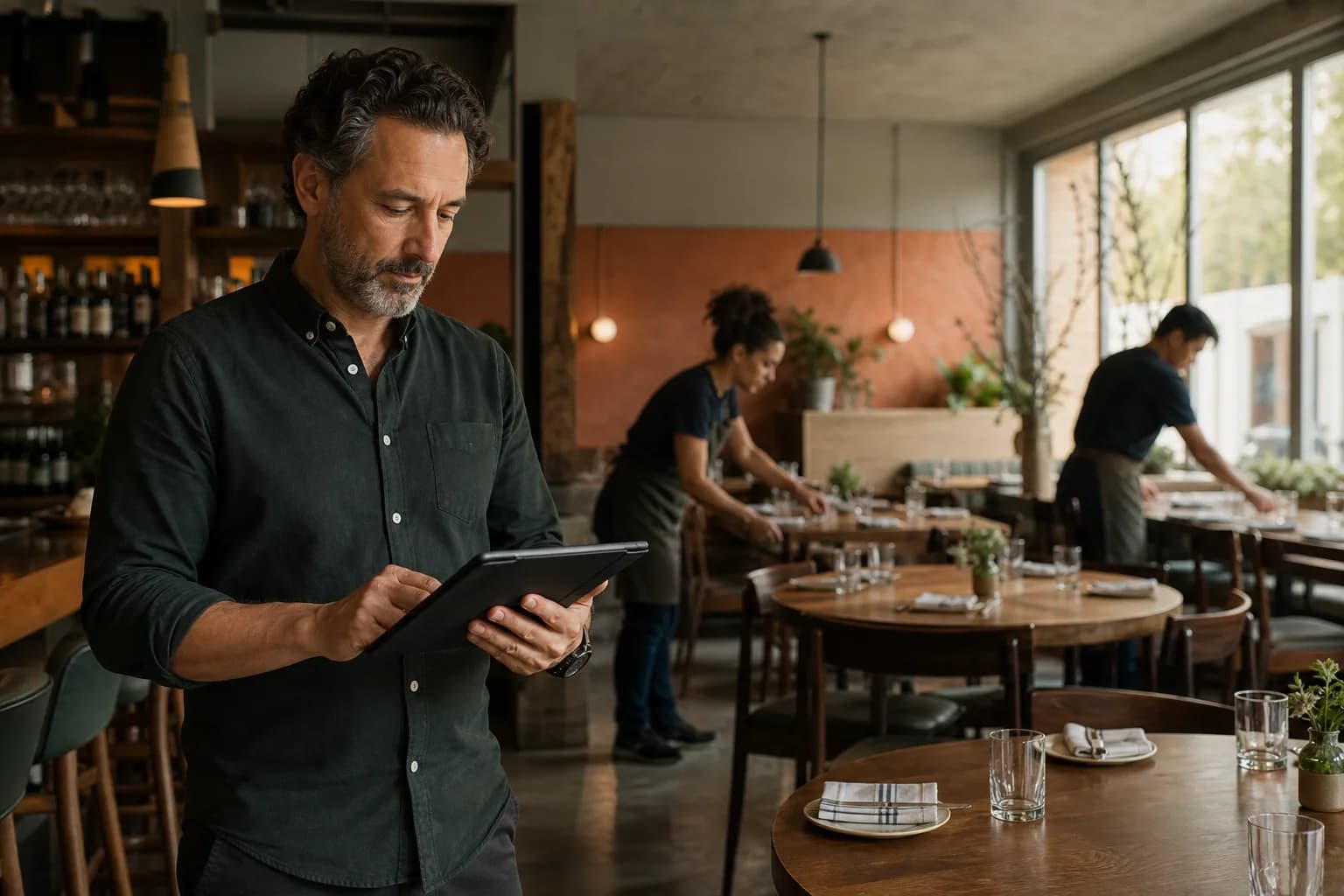 A restaurant manager reviewing the weekly rota before service
