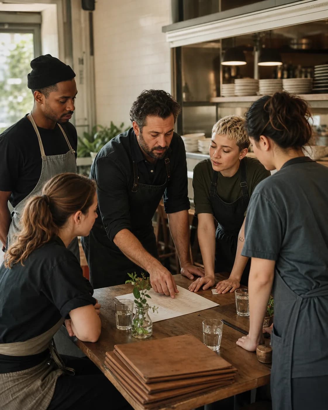 Restaurant staff gathering for a pre-shift briefing